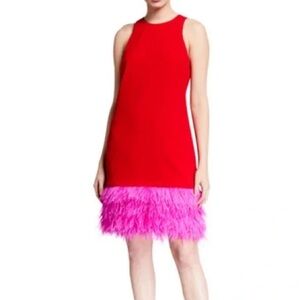 Trina Turk Red Dress with Pink Feather Hem